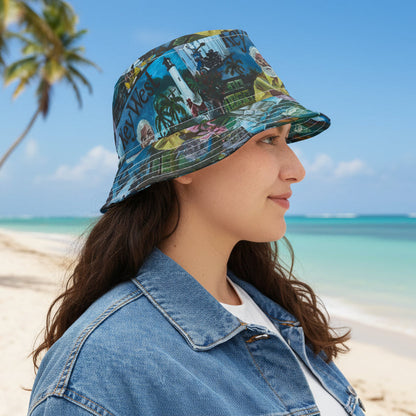 Key West Scenes Bucket Hat — Lighthouse, Hemingway Cats, Southernmost Buoy & Tropical Icons