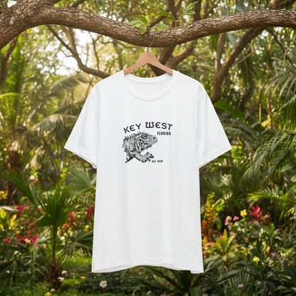 White t-shirt with 'Key West, Florida' graphic on a hanger against a white background