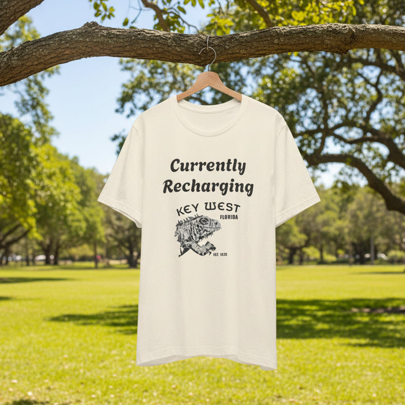 White t-shirt with 'Currently Recharging Key West' text hanging on a tree branch in a park.