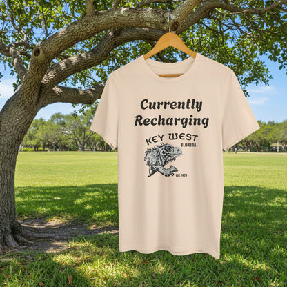 Beige t-shirt with 'Currently Recharging Key West Florida' text and graphic on a hanger under a tree.