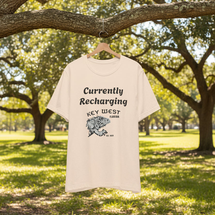 Beige key west t-shirt with text and graphic on a hanger against a natural background of trees and grass.