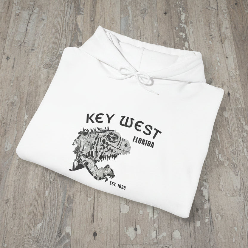 White hoodie with 'Key West, Florida' print on a wooden surface