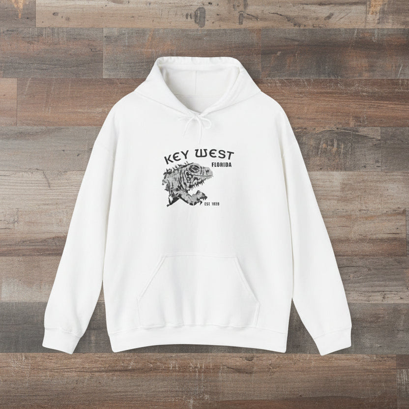White hoodie with 'Key West, Florida' text and graphic on a wooden background