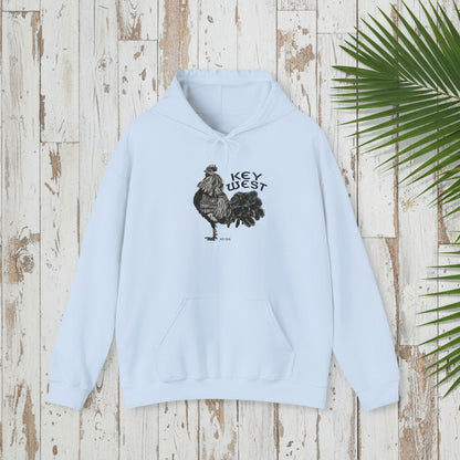 Light blue hoodie with rooster graphic and 'Key West' text on a white background