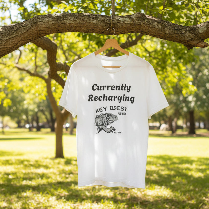 White t-shirt with key west iguana text and graphic hanging from a tree in a park