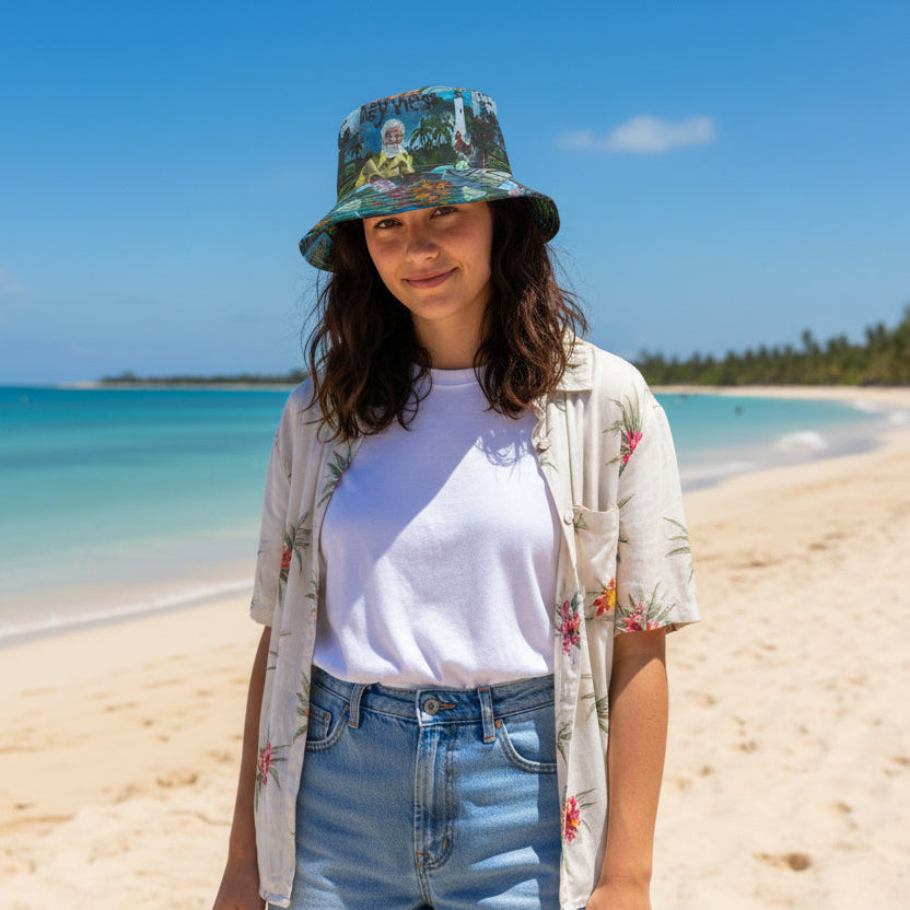 Person wearing a key west bucket hat on a beach with clear blue water and sky.