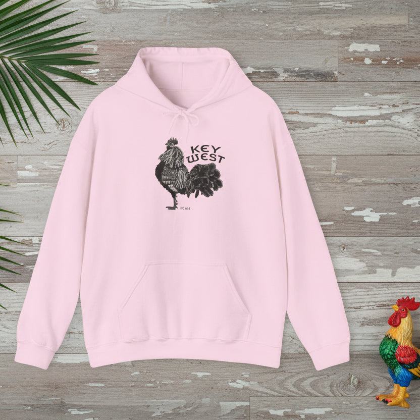 Pink hoodie with rooster graphic and 'Key West' text on a white background