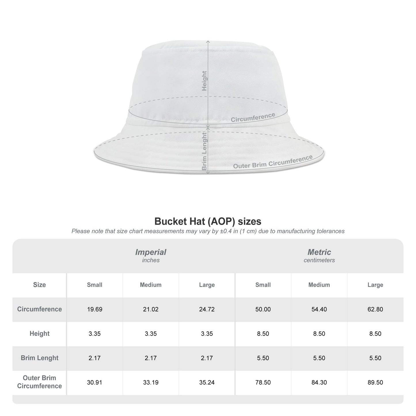 White bucket hat with measurement chart on a white background