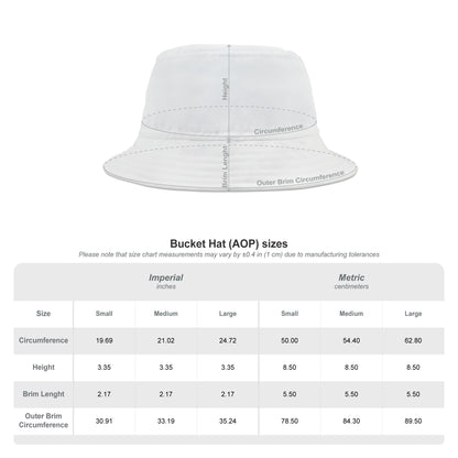 White bucket hat with measurement chart on a white background