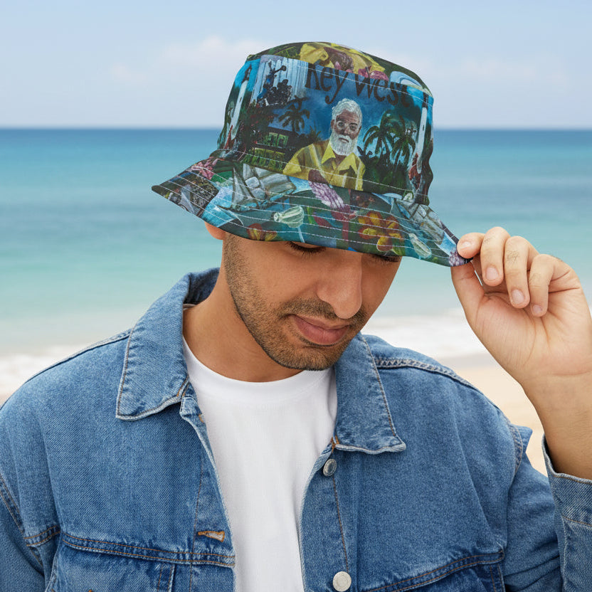 Key West Scenes Bucket Hat — Lighthouse, Hemingway Cats, Southernmost Buoy & Tropical Icons