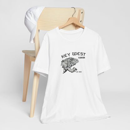 White t-shirt with 'Key West, Florida' print on a wooden chair against a white background