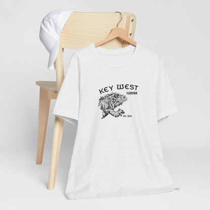 White t-shirt with 'Key West, Florida' design on a wooden chair against a white background