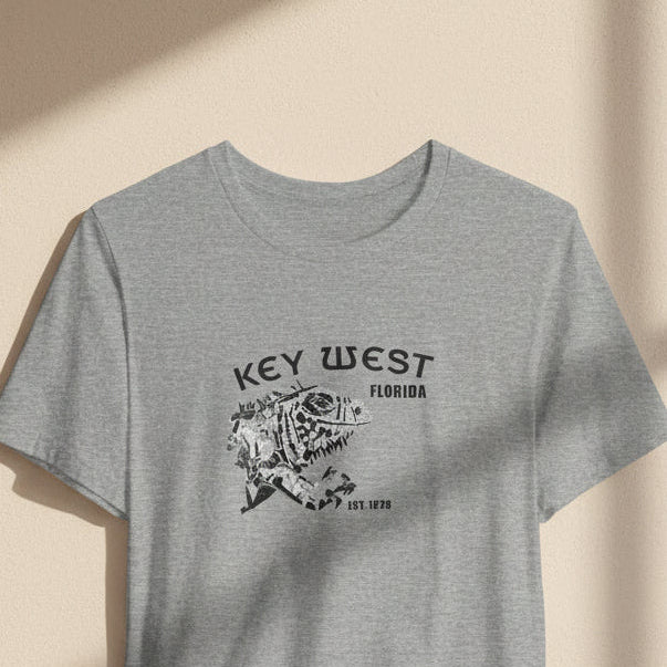 Gray t-shirt with 'Key West, Florida' graphic on a beige background