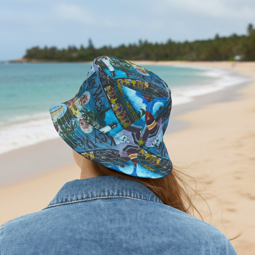 Key West Scenes Bucket Hat — Lighthouse, Hemingway Cats, Southernmost Buoy & Tropical Icons
