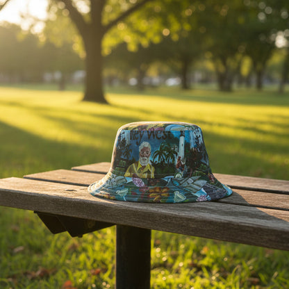 Colorful bucket hat with artistic design on a white background