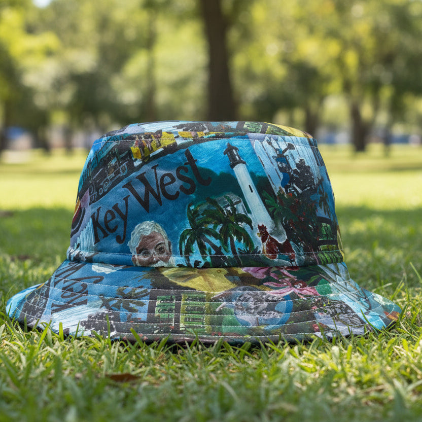 Colorful bucket hat with Key West design on grass