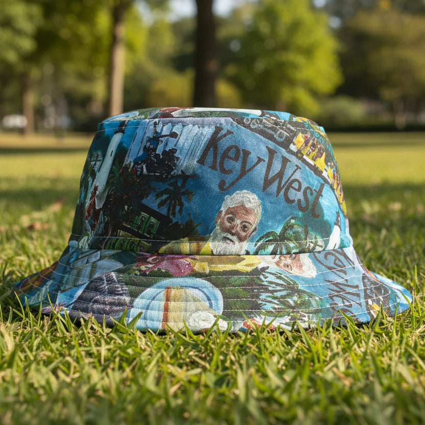 Colorful bucket hat with 'Key West' text and graphics on grass