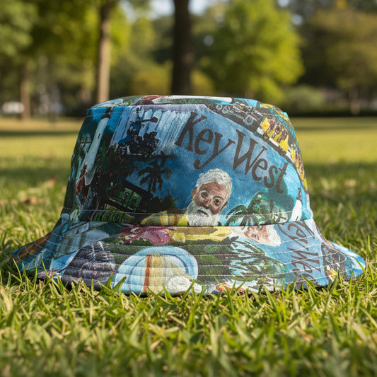 Colorful bucket hat with 'Key West' text and graphics on grass