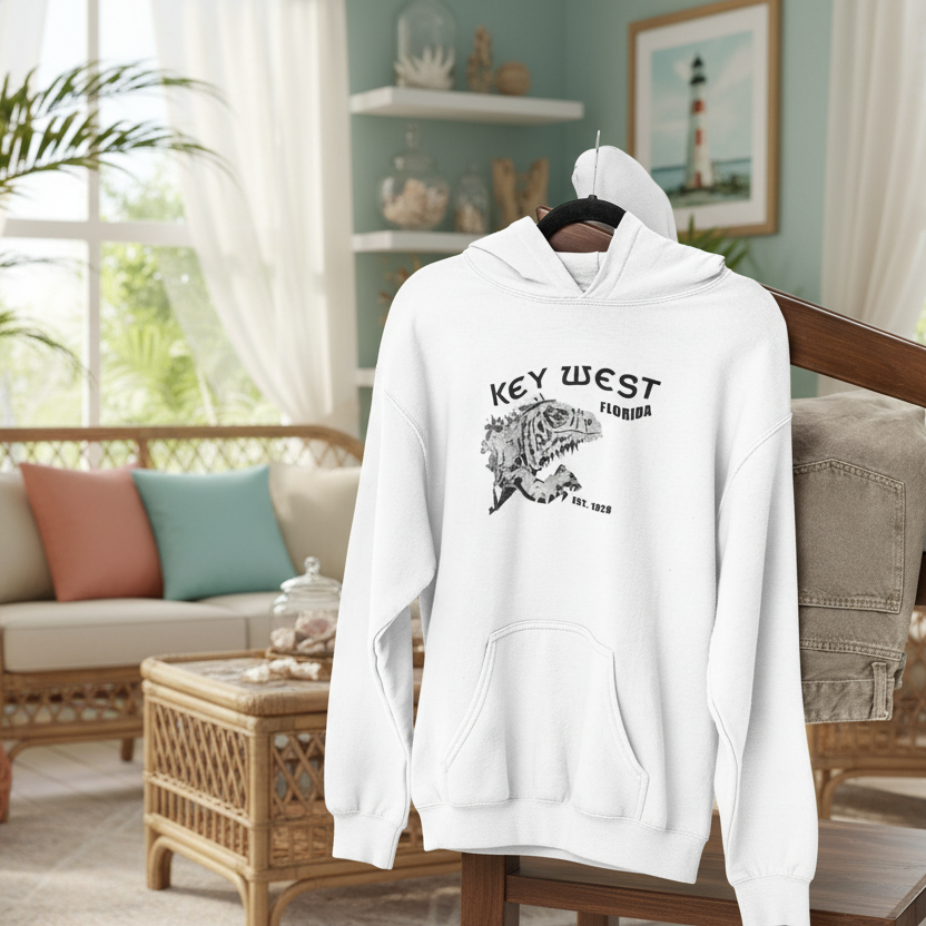 White hoodie with 'Key West' design on a hanger in a living room setting